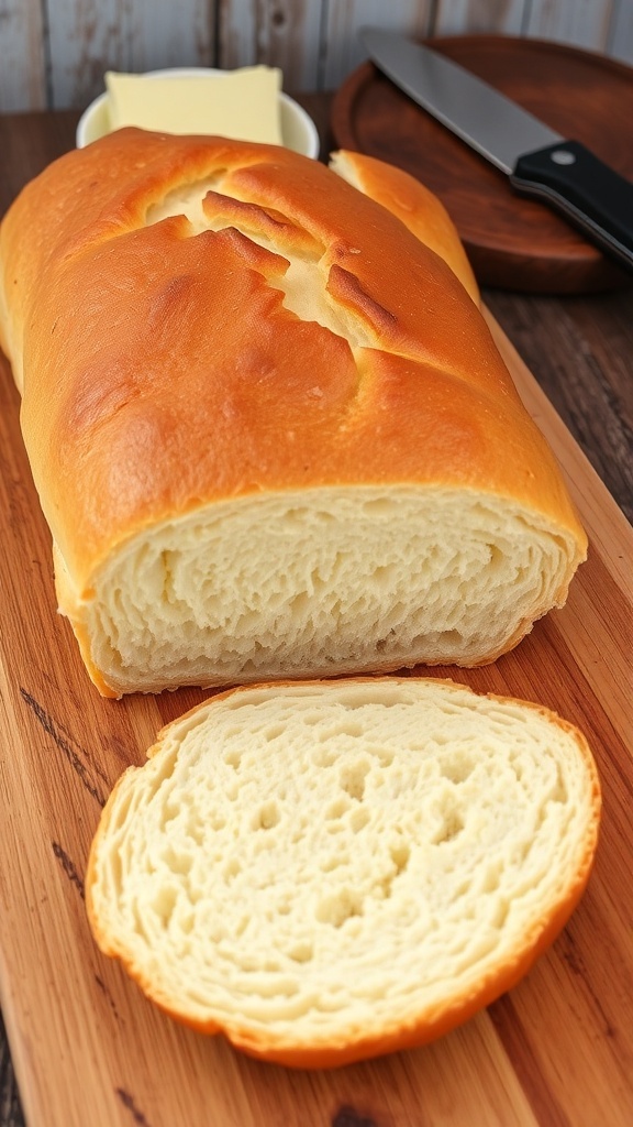 A golden brown loaf of homemade sandwich bread sliced on a wooden board, with a rustic kitchen backdrop.
